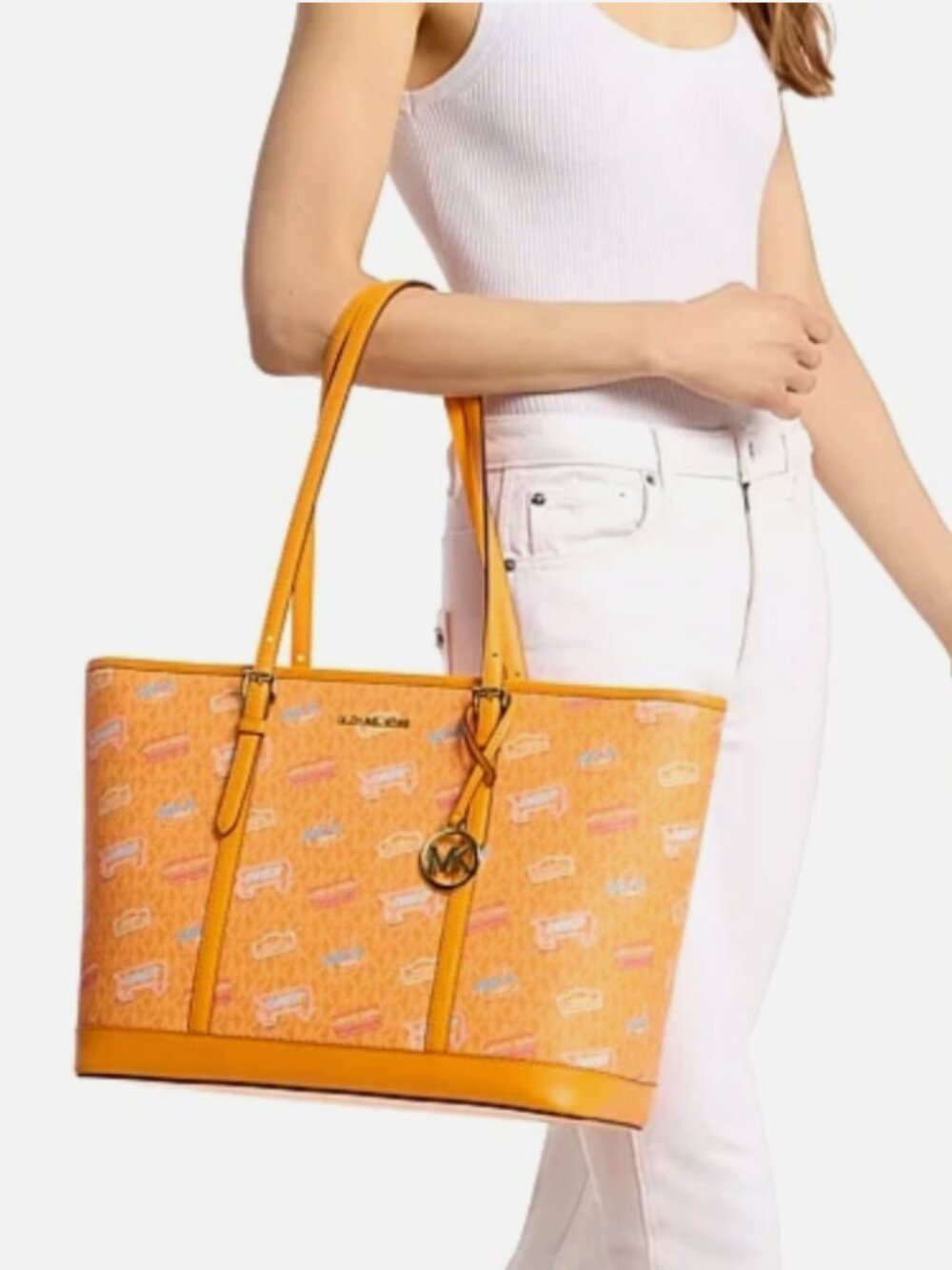 New Michael Kors Jet Set Travel Large Signature Logo Tote Pop Orange